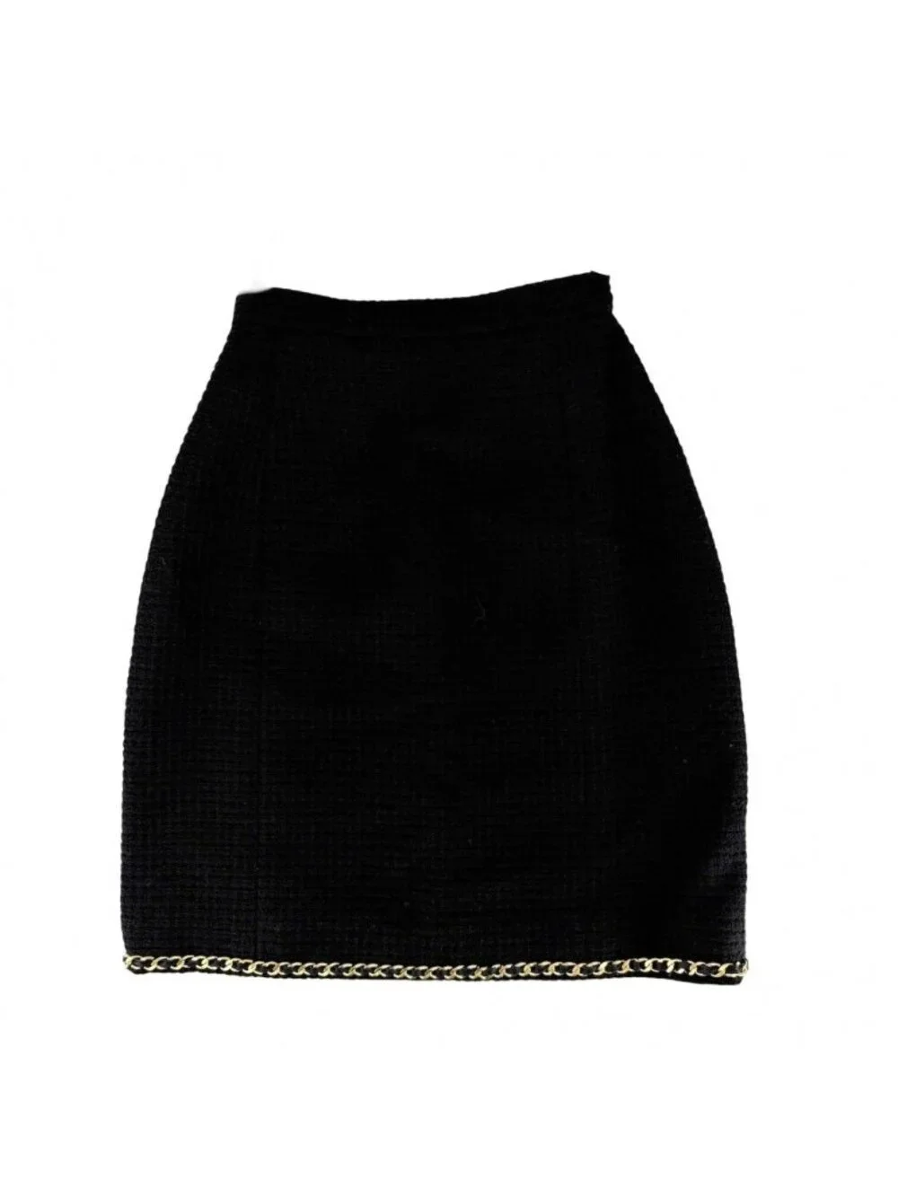 Chanel Set CC Logo Chain Collarless Jacket Skirt Vintage 38 Black Gold Wool
